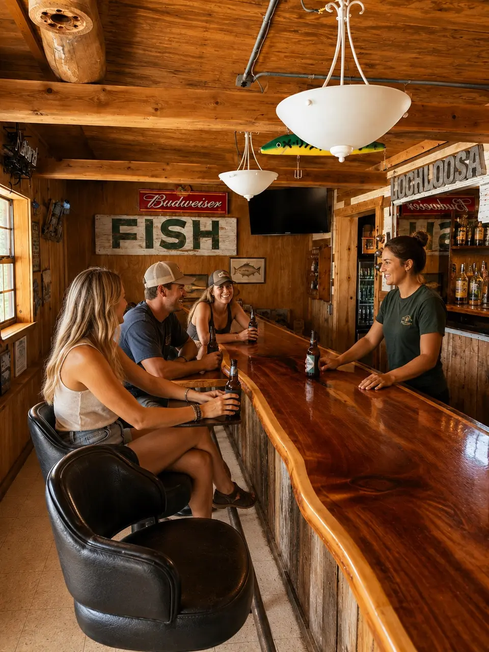 Guests and a bartender at the wooden bar inside The Goose at Lochloosa Harbor